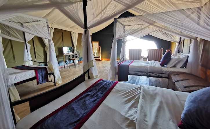 Twin beds under mosquito nets inside a safari tent
