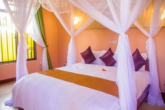 A lodge bedroom with a mosquito net over the bed