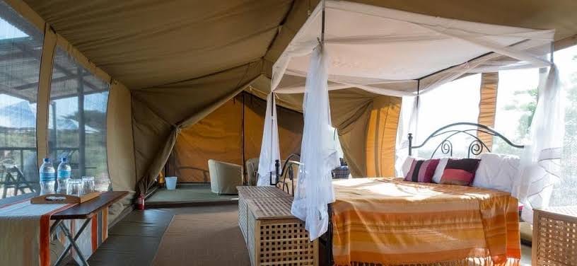 A safari tent interior with the canvas rolled back to the view