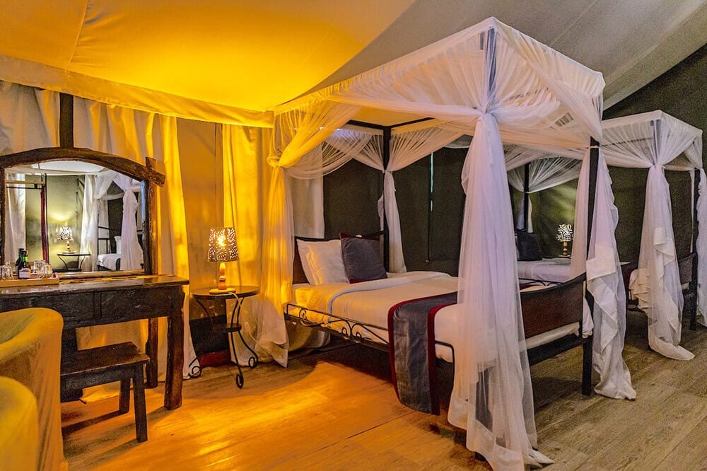 A safari tent bedroom lit warmly at dusk, mosquito nets drawn back